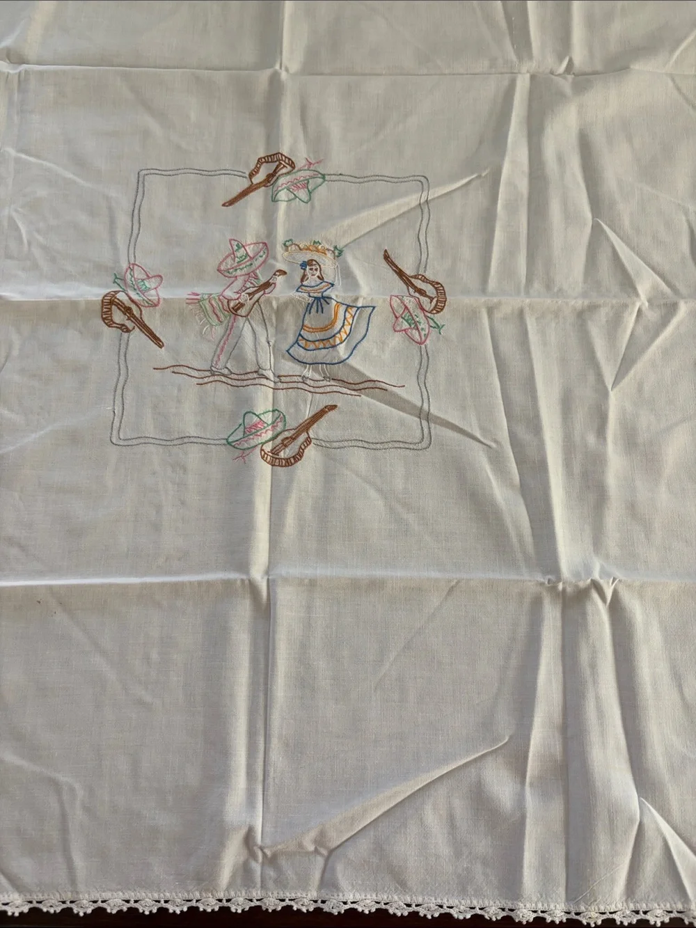 Vintage handmade card tablecloth with crocheted border